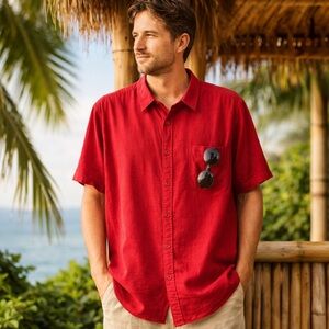 Braintree Hemp Short Sleeve Button-Up Shirt | Red | XL | Sustainable Classic
